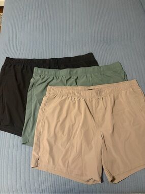 Athletic Works Men’s Athletic Shorts — Black, Sage, Tan—3 pair set!